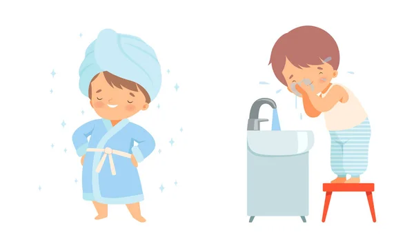 Bambino in piedi avvolto in asciugamano e accappatoio e lavaggio viso vettoriale Set — Vettoriale Stock