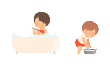 Küvette Banyo Yapan Küçük Çocuk Havza Vektörü Seti 'nde Köpük ve Yıkama Bacakları Var