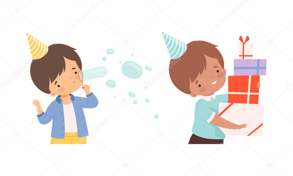 Happy Little Boy Wearing Cone Birthday Hat Carrying Pile of Gift Box and Blowing Soap Bubbles Cheering About Holiday Vector Set