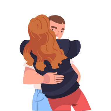 Erkek ve Kadın Karakterleri Birbirlerine Sarılmak ve Sarılmak Dostça Duygularını Göstermek Vektör İllüzyonu