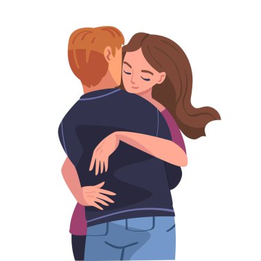 Erkek ve Kadın Karakterleri Birbirlerine Sarılmak ve Sarılmak Dostça Duygularını Göstermek Vektör İllüzyonu