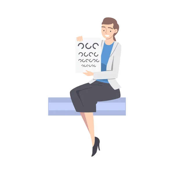 Augenheilkunde mit weiblichen Gesundheitsexperten mit Optotyp-Vektorillustration — Stockvektor