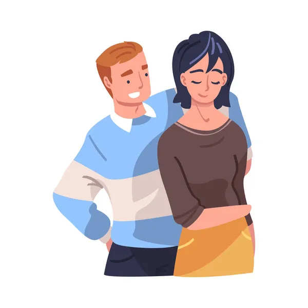 Férfi és nő Karakter ölelés és ölelés egymást kifejező barátságos érzés vektor illusztráció — Stock Vector