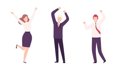 Mutlu Gülümseyen Ofis İşçisi Elleri Kalkmış Hedefe Ulaşım Vektörü Hakkında Tezahürat Yapıyor