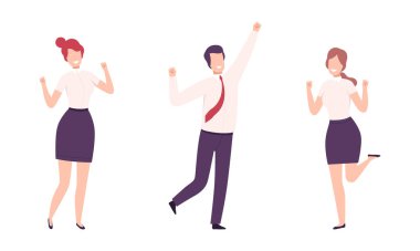 Mutlu Gülümseyen Ofis İşçisi Elleri Kalkmış Hedefe Ulaşım Vektörü Hakkında Tezahürat Yapıyor