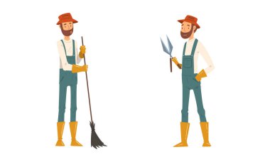 Sakallı Bahçıvan Kova Şapkalı ve Eldivenli Pruner ve Süpürge Avlu Vektör Seti