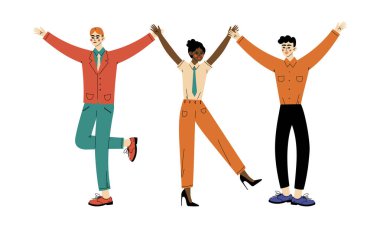 Kravatlı ve Resmi Giysili Genç Erkek ve Kadın Ofis İşçisi Kaldırılmış Eller Vektör İllüstrasyonuyla Ayakta Duruyor