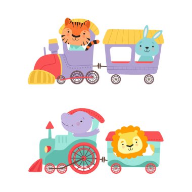 Komik Hayvanlı Buharlı Tren Macera Vektörü Seti