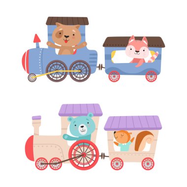 Komik Hayvanlı Buharlı Tren Macera Vektörü Seti