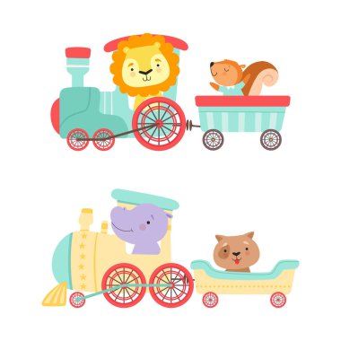 Komik Hayvanlı Buharlı Tren Macera Vektörü Seti