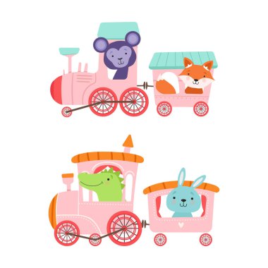 Komik Hayvanlı Buharlı Tren Macera Vektörü Seti