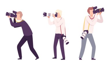 Fotoğrafçı veya Paparazzi Modern Dijital Kamerayla Fotoğraf Çekiyor Ünlüleri kovalıyor Vektör Kümesi