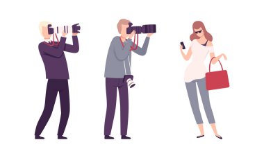 Fotoğrafçı veya Paparazzi Modern Dijital Kamerayla Fotoğraf Çekiyor Ünlüleri kovalıyor Vektör Kümesi