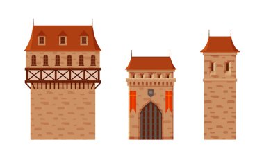 Antik Ortaçağ Şatosu veya Kale Duvarı Element Vektör Kümesi