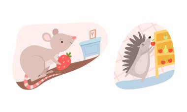 Cute Mouse and Hedgehog in Its Cosy Burrow or House Vector Set clipart