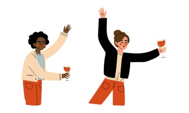 Şarap kadehiyle Genç Kadın Kutlama Kutlaması Vector Seti