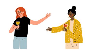 Şarap kadehiyle Genç Kadın Kutlama Kutlaması Vector Seti