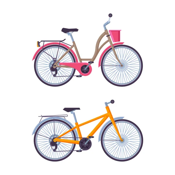 City Street cykel eller cykel som pedaldriven enspåriga fordon med två hjul och ram vektor set — Stock vektor