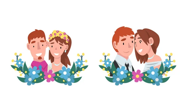 Homme et femme couple nouvellement marié et conjoint avec demi-cercle composition de fleurs ensemble vectoriel — Image vectorielle