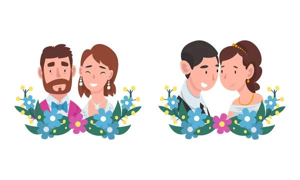 Muž a žena Novomanželé pár a manžel s polokruh květinové složení vektor set — Stockový vektor