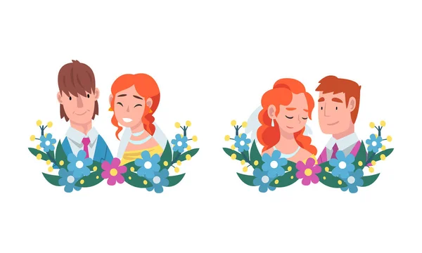 Homme et femme couple nouvellement marié et conjoint avec demi-cercle composition de fleurs ensemble vectoriel — Image vectorielle