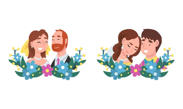 Man en vrouw pasgetrouwd paar en echtgenoot met halve cirkel bloem samenstelling vectorset — Stockvector