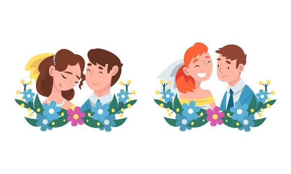 Hombre y mujer recién casados pareja y cónyuge con semicírculo flor composición vector conjunto — Archivo Imágenes Vectoriales