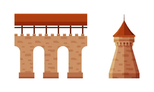 Antiguo castillo medieval o conjunto de vectores de elementos de pared de fortaleza — Vector de stock