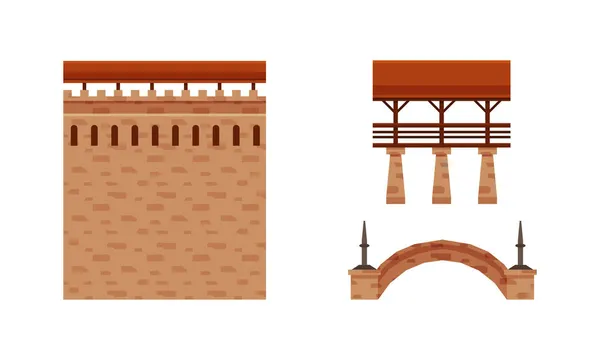 Antiguo castillo medieval o conjunto de vectores de elementos de pared de fortaleza — Vector de stock