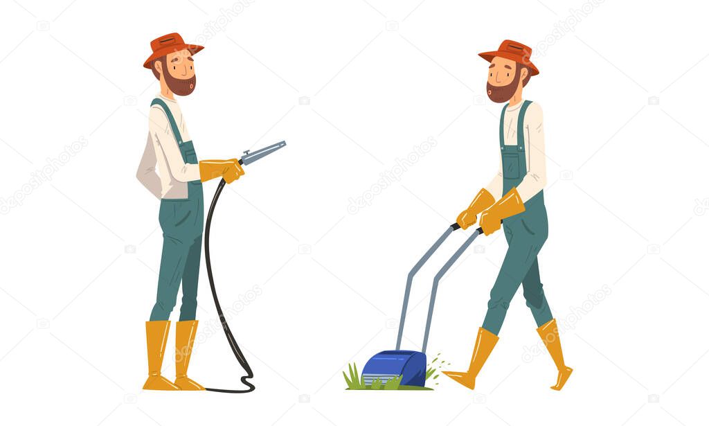 Bearded Man Gardener in Bucket Hat and Gloves Watering and Mowing Grass in the Yard Vector Set