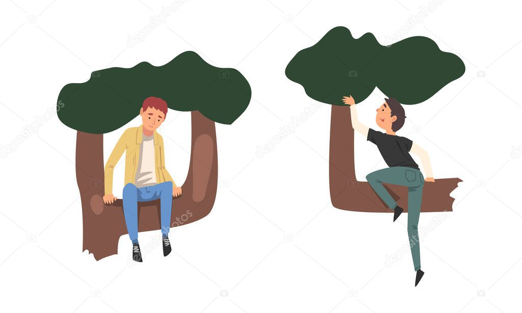 Young Man Climbing Up Tree Branch and Sitting Looking Down Vector Set