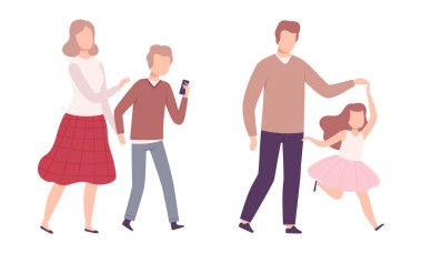 Ebeveyn ve Büyüyen Oğlu ve Kızı Vektör Kümesi