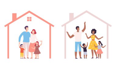 Mutlu Aile Baba, Anne ve Küçük Çocuklarla Ev Çatı Koruma Vektörü Seti