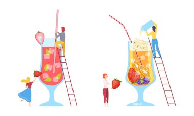 Minik İnsanlar Kokteyl Yapıyor Malzemeleri Merdiven Vektörü Seti ile büyük bir bardağa koyuyor