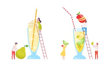 Minik İnsanlar Kokteyl Yapıyor Malzemeleri Merdiven Vektörü Seti ile büyük bir bardağa koyuyor