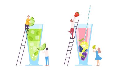 Minik İnsanlar Kokteyl Yapıyor Malzemeleri Merdiven Vektörü Seti ile büyük bir bardağa koyuyor