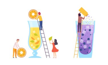 Minik İnsanlar Kokteyl Yapıyor Malzemeleri Merdiven Vektörü Seti ile büyük bir bardağa koyuyor
