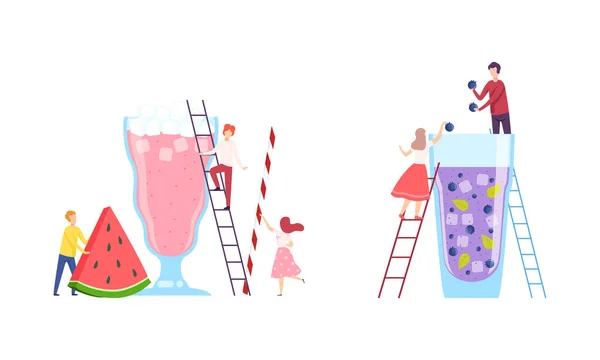 Kleine mensen karakter maken Cocktail zetten ingrediënten in groot glas met Ladder Vector Set — Stockvector