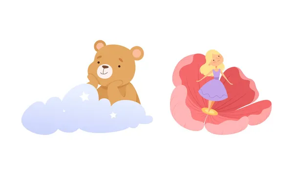 Personaje de cuento de hadas con Winnie-the-Pooh en la nube y Thumbelina en el conjunto de vectores de copa de flores — Vector de stock