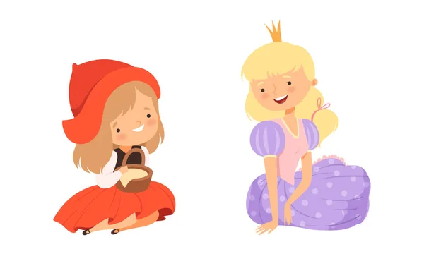Karakter Fairytale dengan Princess Wearing Crown dan Little Red Riding Hood dengan Basket Vector Set - Stok Vektor
