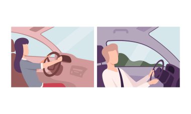 Erkek ve Kadın Sürücü Aracı Sürücü Koltuğu Motorlu Araç El ele tutuşarak Görüntü Yönlendirici Ayarlandı