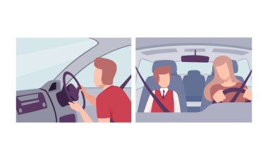 Erkek ve Kadın Sürücü Aracı Sürücü Koltuğu Motorlu Araç El ele tutuşarak Görüntü Yönlendirici Ayarlandı