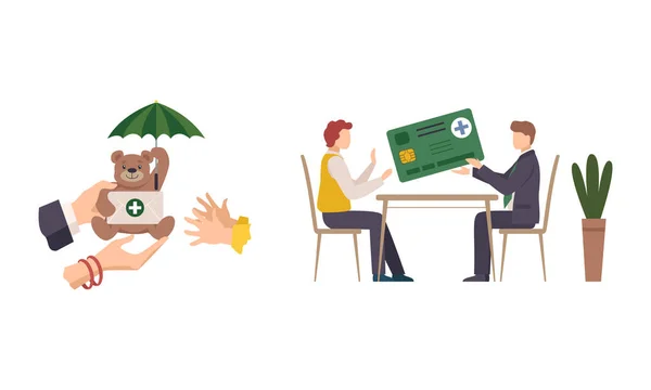 Sjukförsäkring eller sjukförsäkring man vid bordet med kreditkort och handtag nalle under paraply vektor set — Stock vektor