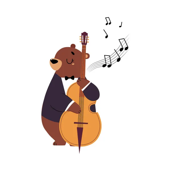 턱시도의 우스운 브라운 곰 캐릭터 (Tuxedo playing Cello Performing Concert Vector Illustration) — 스톡 벡터