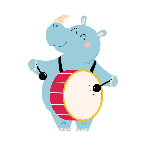 Grappige Rhino Karakter Spelen Trommel uitvoeren Concert Vector Illustratie — Stockvector