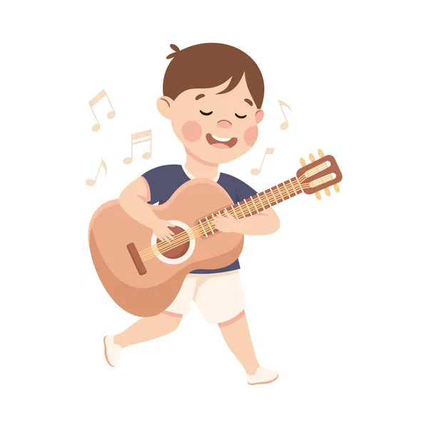Smiling Little Boy Playing Guitar Musical Instrument Performing on Stage Vector Illustration — Stock Vector