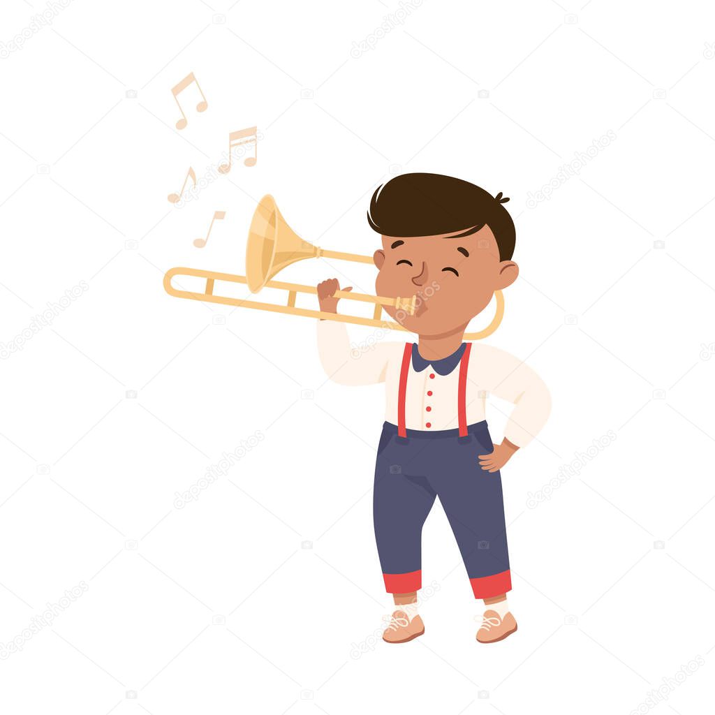 Funny Boy Playing Trumpet Musical Instrument Performing on Stage Vector Illustration