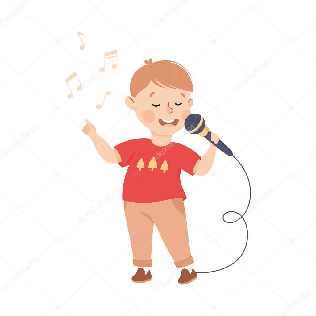 Funny Boy with Microphone Singing Song Performing on Stage Vector Illustration