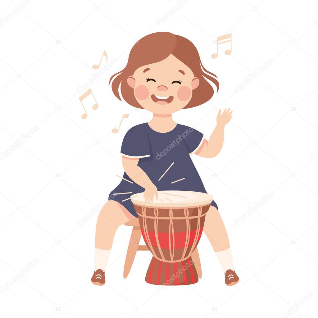 Happy Girl Playing Drum Musical Instrument Performing on Stage Vector Illustration