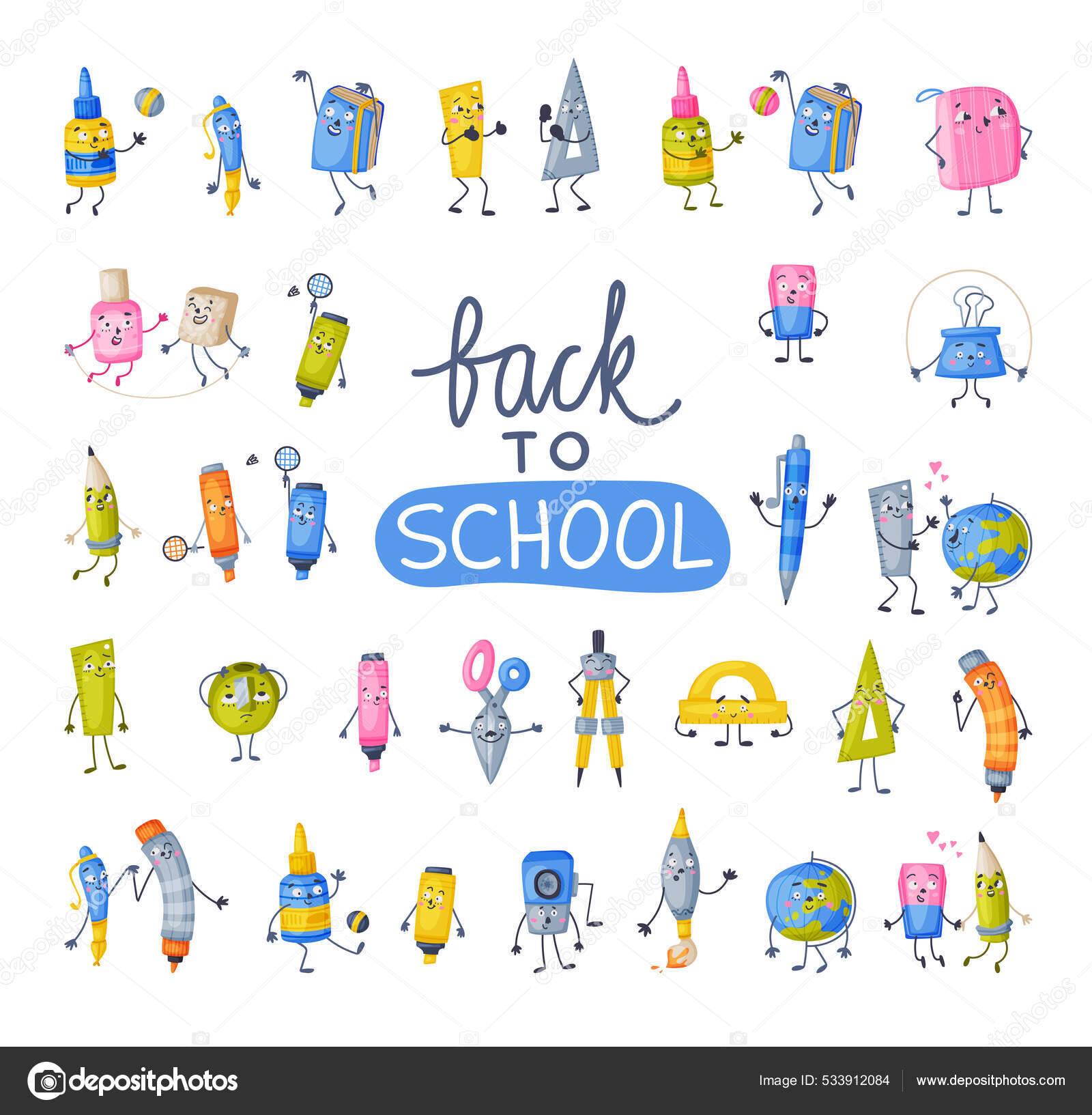 Funny Office Supplies Humanized Character with Ruler and Eraser Having